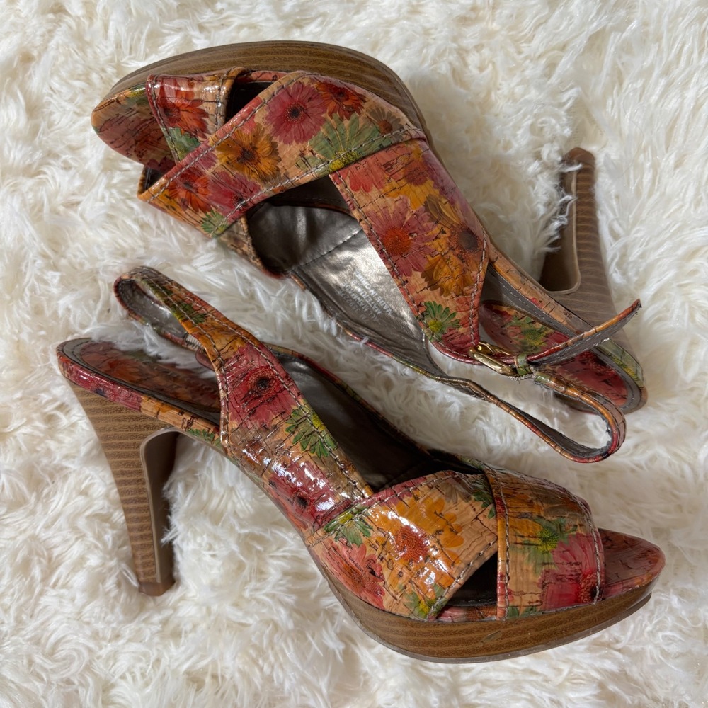 Audrey Brooke Floral Cork Platform Sandals Peep Toe Slingback Heels 7M Multi